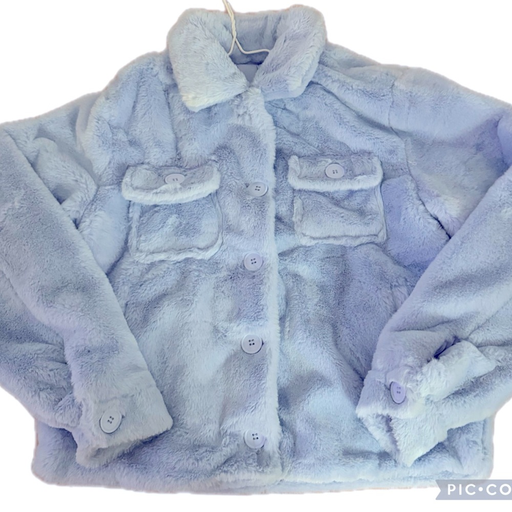 Juniors' Faux-Fur Long-Sleeve Trucker Shacket Sky Blue